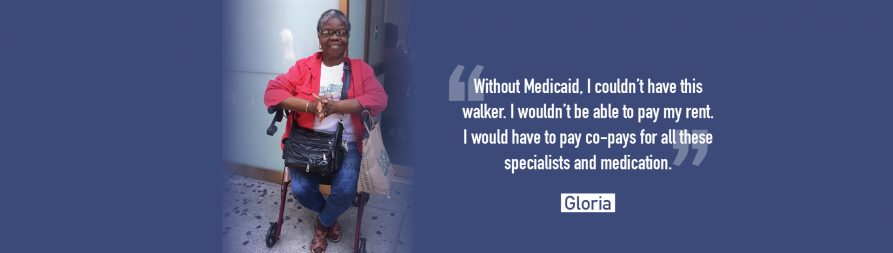 Photo of volunteer Gloria Goodson seated on walker with the words "Without Medicaid,