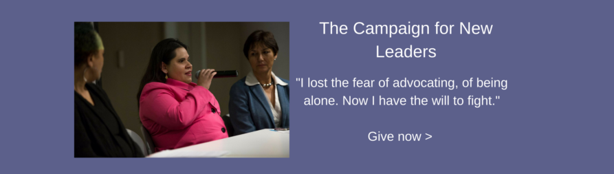 Peer advocate Lilliete Lopez, who is blind, giving testimony at an event. Text reads: The Campaign for New Leaders. “I lost the fear of advocating, of being alone. Now I have the will to fight.” Give now. #CampaignForNewLeaders