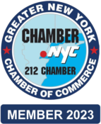 Image of Great New York Chamber of Commerce logo, 212 Chamber, with an image of the NYC region with a red dot indicating the city. Text says Member 2023.