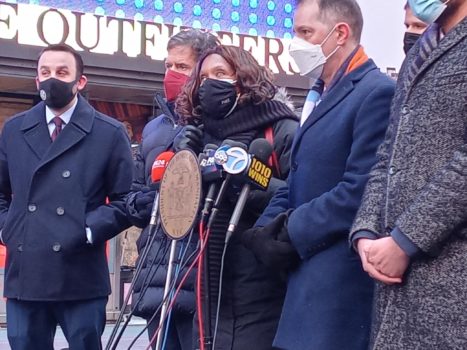 Times Square press conference with Manhattan Bough President Mark Levine.