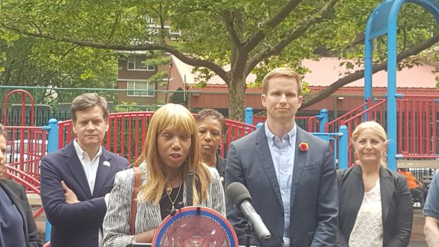 CIDNY's Dr. Sharon McLennon Wier speaks at a Penn South Playground press conference.