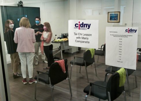 Setting up for Tai Chi at CIDNY's Mental Health Fair.