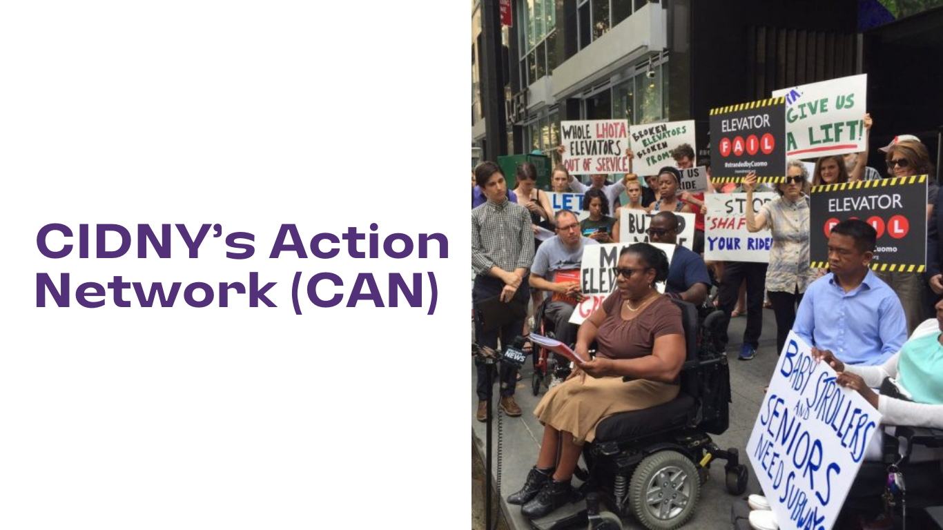in purple font, CIDNY's Action Network (CAN). to the right is a photo of advocates holding signs regarding health care