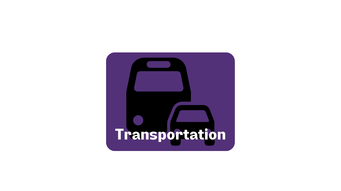in a purple box with white font, transportation. with a graphic of a bus and a car