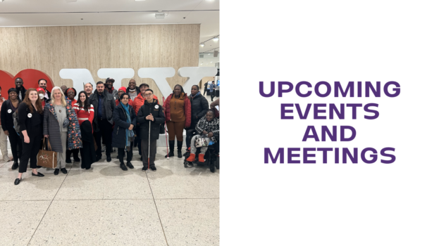 to the left is a photograph of team cidny members standing in front of an i love new york sign at the capitol in albany. to the right in bold purple font upcoming events and meetings