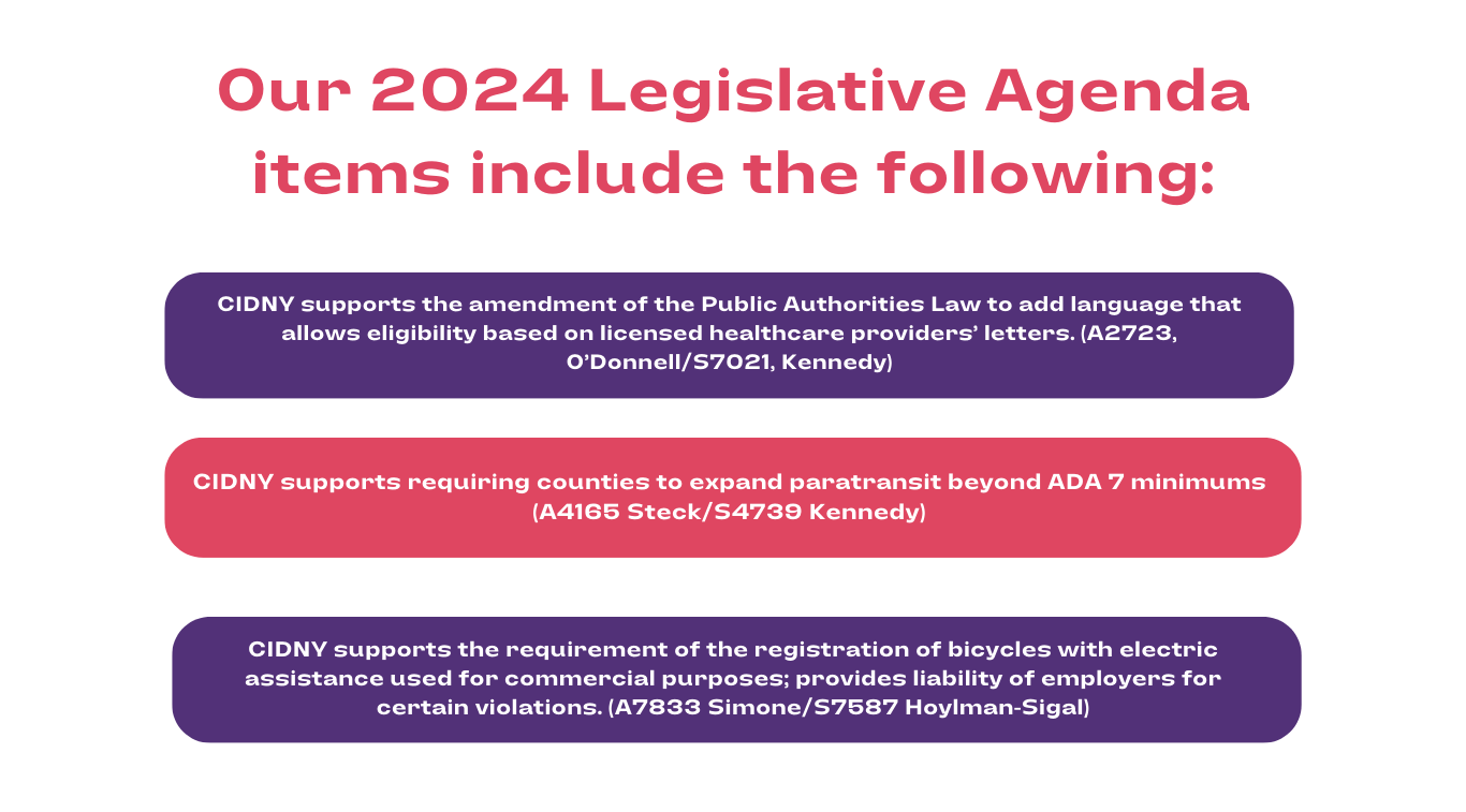 in bold rent font, Our 2024 Legislative Agenda items include the following: in a purple box with white font, CIDNY supports the amendment of the Public Authorities Law to add language that allows eligibility based on licensed healthcare providers’ letters. (A2723, O’Donnell/S7021, Kennedy) in a red box with white font, CIDNY supports requiring counties to expand paratransit beyond ADA 7 minimums (A4165 Steck/S4739 Kennedy) in a purple box with white font, CIDNY supports the requirement of the registration of bicycles with electric assistance used for commercial purposes; provides liability of employers for certain violations. (A7833 Simone/S7587 Hoylman-Sigal)