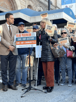 CIDNY's Dr. Sharon McLennon Wier, surrounded by advocates speaks at a Save the New York Eye and Ear Infirmary, outside of the location.