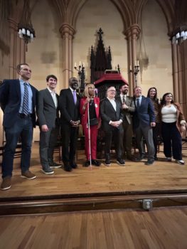 Standing together from left to right, Ben Max, Ben Furnas, Michael Blake, Dr. Sharon McLennon Wier, Scott Stringer, Assemblymember Zohran Mamdani NYC Comptroller Brad Lander, Sarah Lind, Sen. Jessica Ramos at the 2025 Street Safety Mayoral Forum in Brooklyn.
