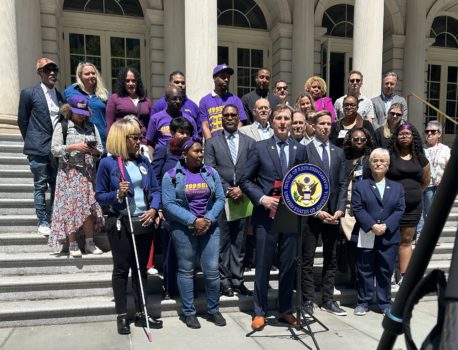 CIDNY's Dr. Sharon McLennon Wier (left) gathered on steps with a group of advocates and elected officials, including Rep. Dan Goldman and NYC Councilmember Erik Bottcher to speak about mental health.
