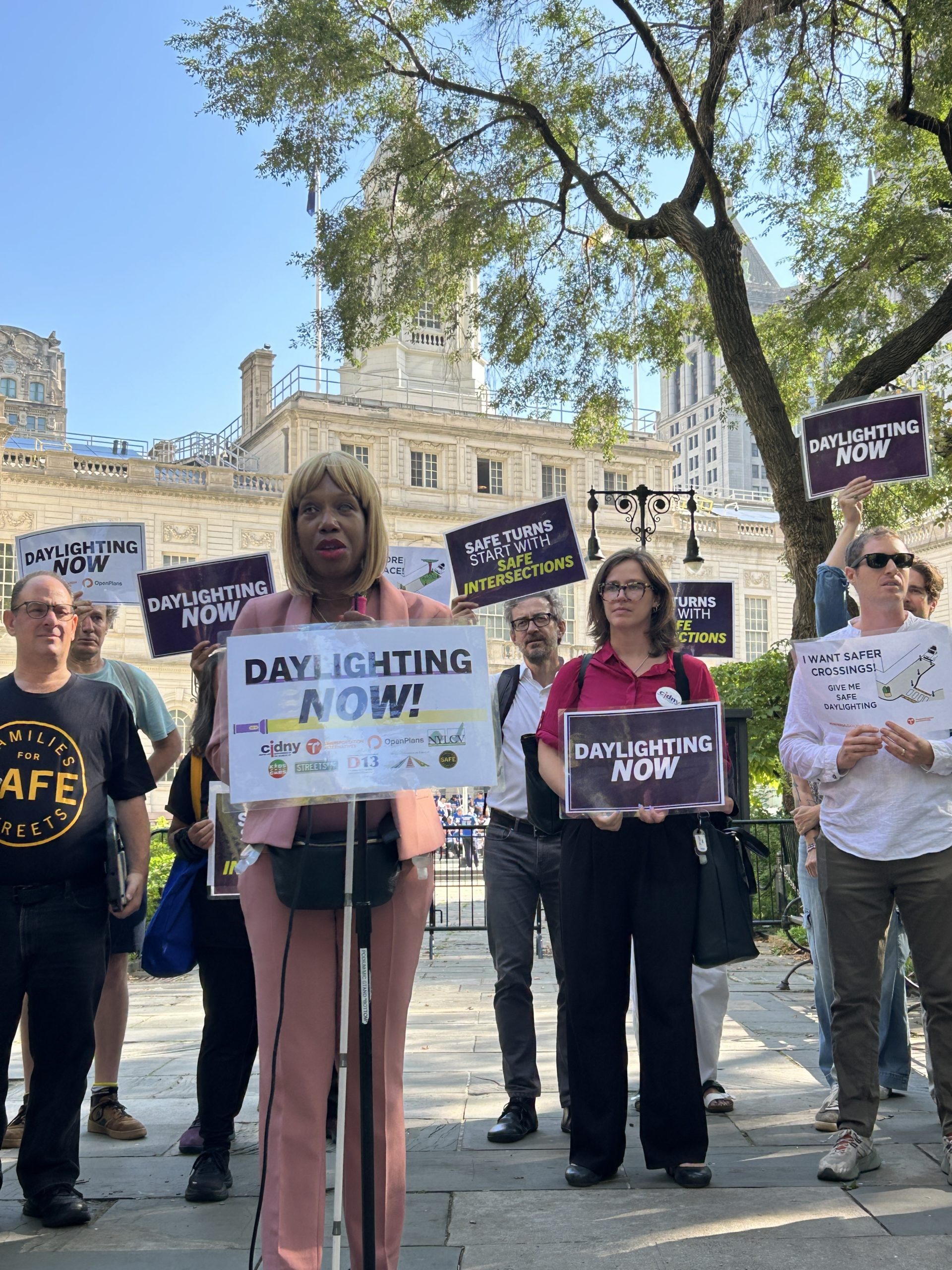 CIDNY’s Dr. Sharon McLennon Wier speaks at a Daylighting rally, surrounded by advocates in City Hall Park.