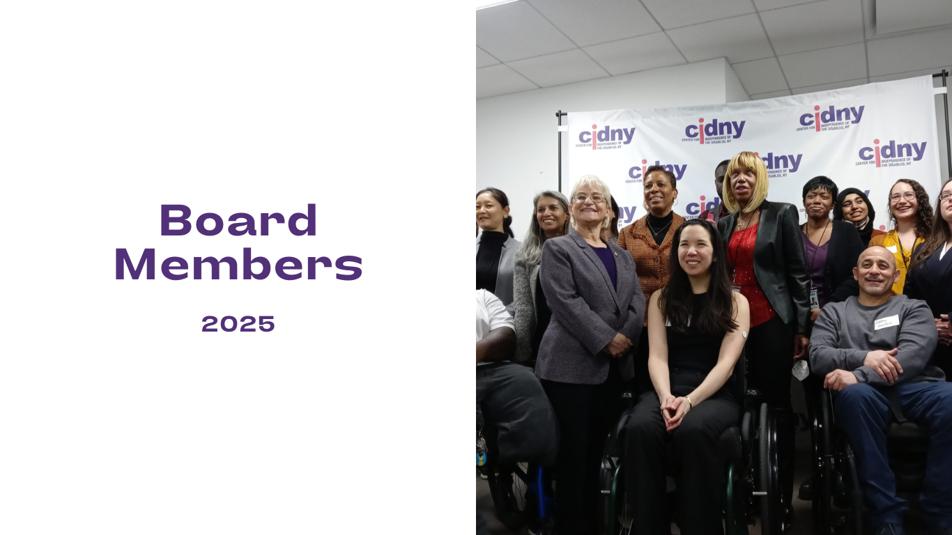 In purple font to the left, Board Members 2025. To the right is a photo of CIDNY board members