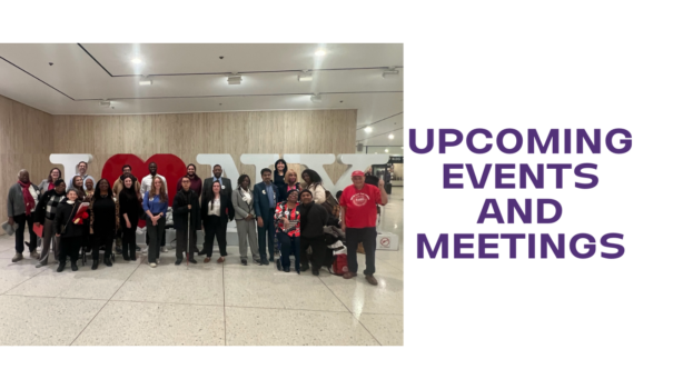 to the left is a photograph of team cidny members standing in front of an i love new york sign at the capitol in albany. to the right in bold purple font upcoming events and meetings